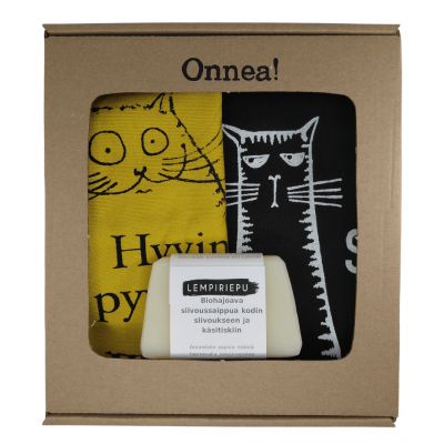Lahjasetti "Onnea!" siivoussaippualla.
