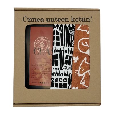 Lahjasetti "Onnea uuteen kotiin!" suodatinjauhetulla kahvilla.