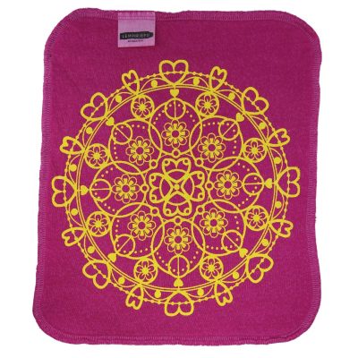 Pitsi-kuosi, pinkki liina, keltainen painatus.